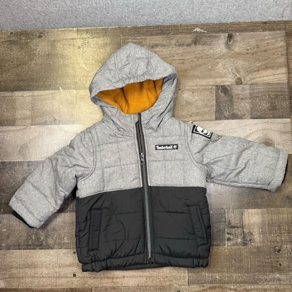 Timberland Boys Size 12 Months Zip Front Hooded Jacket Black Gray Quilted NWT